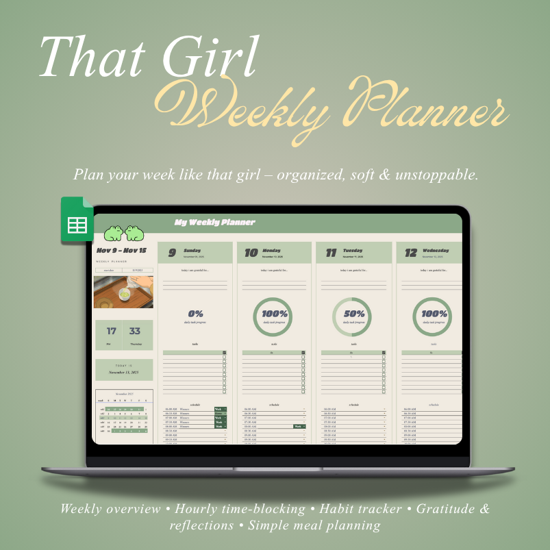 That Girl Weekly Planner (matcha) – Google Sheets Time-Blocking Template