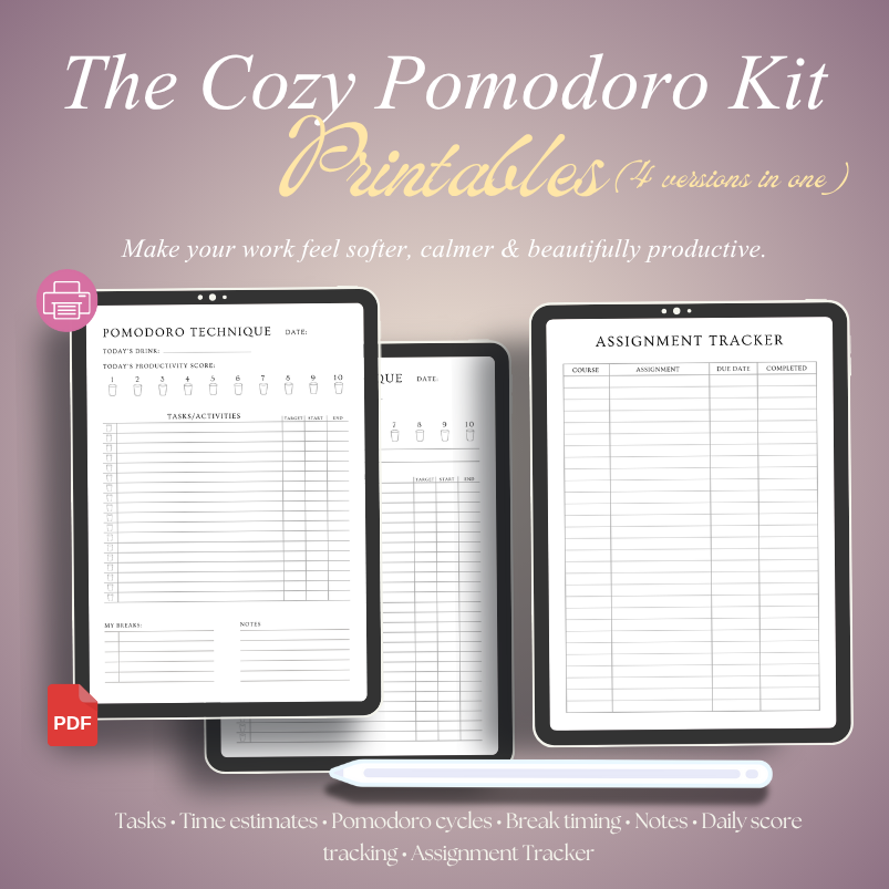 ✨ The Cozy Pomodoro Kit – Aesthetic Productivity Printables (4 Versions in One)