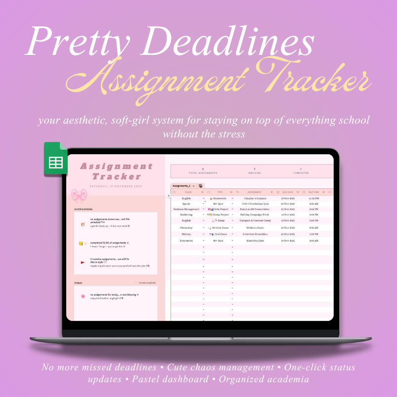 Pretty Deadlines – Aesthetic Assignment Tracker (Google Sheets) ⭐